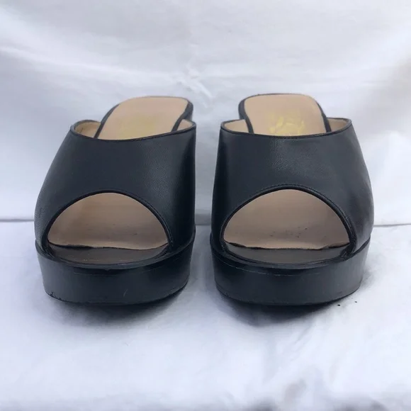 Ferragamo Wood & Leather Platform Peep Toe Slide/Mule w/3” Heel, Black - Picture 2 of 16
